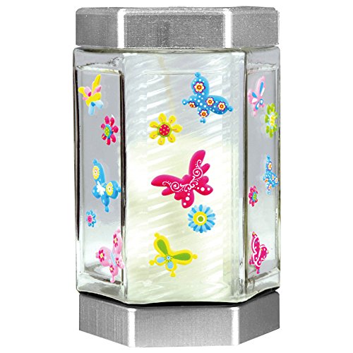 HS Candle Windlicht aus Glas, 16cm - Ø9.5cm, mit vers. Stickerbögen zum selbst bekleben (Farbe: Silber, Sticker: Schmetterlinge 4) von HS Candle