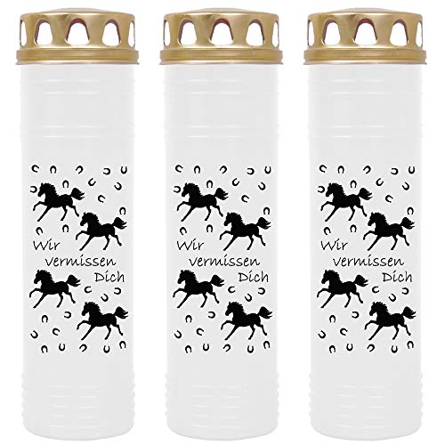 HScandle Grabkerze - 3er Pack - (Weiß) Grablicht ca. 7 Tage Brenndauer je Kerze - Motiv: Pferde von HS Candle