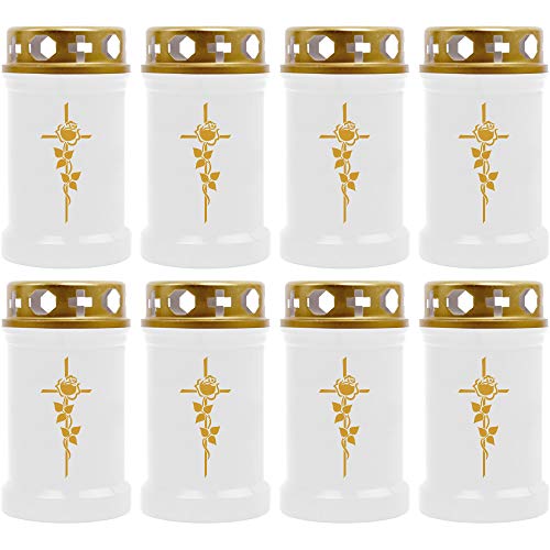 HScandle Grabkerze - 8er Pack - (Weiß mit goldenen Druck) Grablicht ca. 40h Brenndauer je Kerze - Motiv: Rose Kreuz von HS Candle