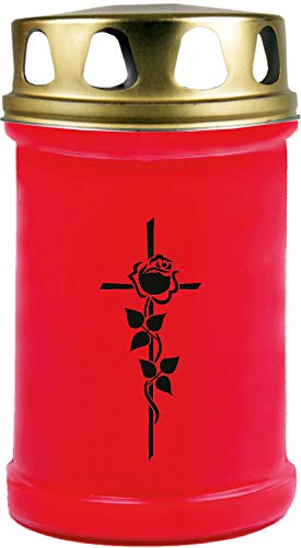 HScandle Grablicht (Rot) Grabkerze ca. 48h Brenndauer - Motiv: Rose Kreuz, in vielen Varianten von HS Candle