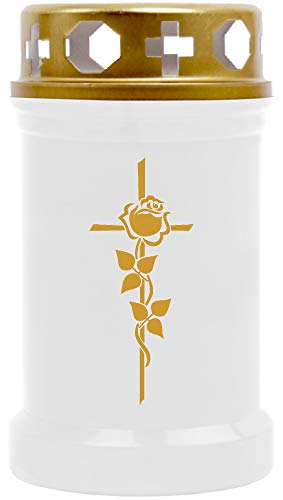 HScandle Grablicht (Weiß) Grabkerze ca. 40h Brenndauer (Deckel und Druck Gold) - Motiv: Rose Kreuz, in vielen Varianten von HS Candle