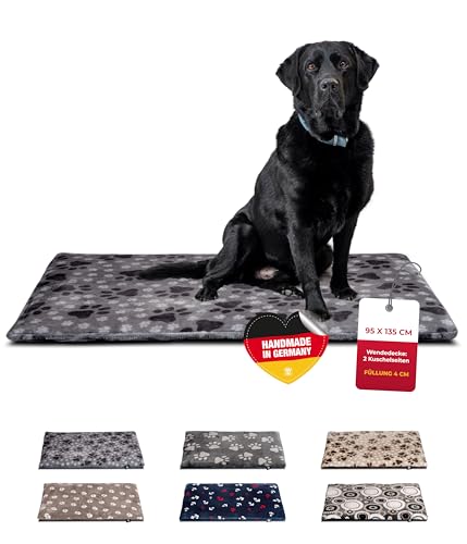 Made in Germany gepolsterte Hundedecke, Pfote Grau 95x135cm für kleine & große Hunde I Flauschige Hundedecke, waschbar, trocknergeeignet von HS-Hundebett