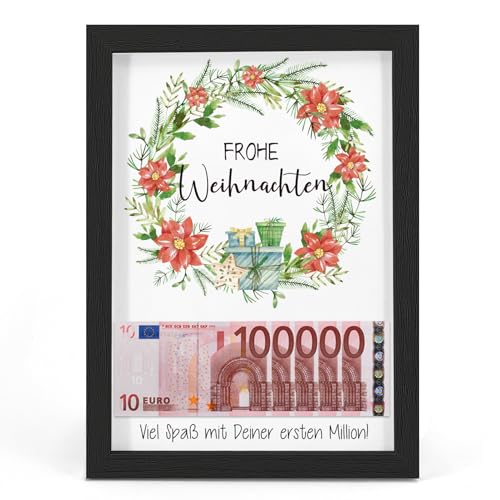HSDSH Weihnachten Geldgeschenk, Frohe Weihnachten, Geschenkverpackung Geldgeschenk zu Weihnachten mit Deine erste Million, Weihnacht Geschenke für Frauen, Männer, Kinder, Freunde, Bilderrahmen DIN A4 von HSDSH