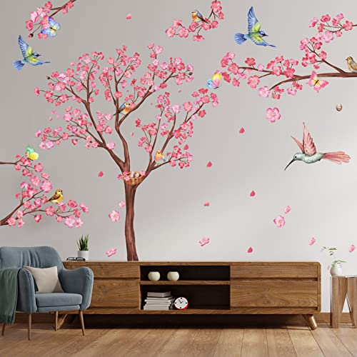 Wandtattoo Groß Baum Kirschblüte Wandaufkleber Rosa Kirschbaum Blumen Vögel auf Baum Ast Wandsticker Wanddeko für Wohnzimmer Schlafzimmer Kinderzimmer Sofa Hintergrund von HSDSH