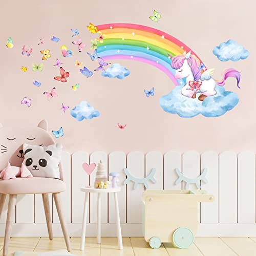 HSDSH Wandtattoo Regenbogen Einhorn Wandaufkleber Schmetterlinge Mädchen Wandsticker Kinderzimmer für Kinderzimmer Babyzimmer Schlafzimmer Wohnzimmer Wanddeko von HSDSH