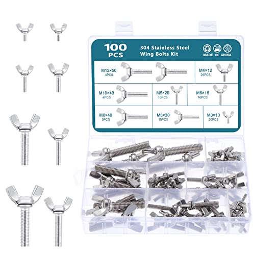HSEAMALL 100PCS Stainless Steel Wing Bolt Set, M3-M12 Butterfly Wing Screws Thumb Hand Screws for Machinery Equipment von HSEAMALL