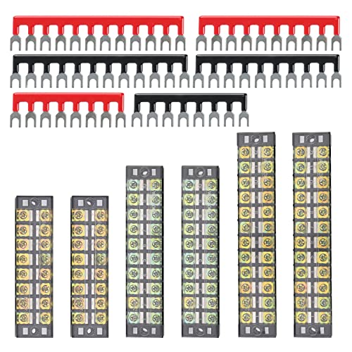 HSEAMALL 12 Stück 6 Sätze Klemmenblock, 8/10/12 Positionen 600 V 25 A zweireihige Schraubklemmenleiste mit rot und schwarz isolierten Klemmen-Sperrbrücken von HSEAMALL
