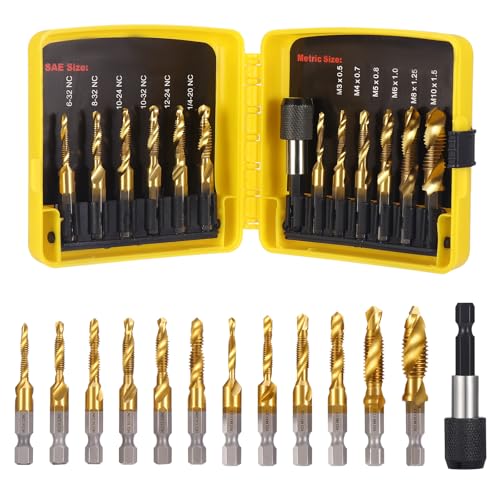 HSEAMALL 13 Stück Gewindebohrer Set,Kombi-Bohrer Gewindebohrer Bit Satz 6mm HSS M3-M10 Gewindeschneider-Set SAE 6-32NC bis 1/4-20NC Bohren Gewindeschneiden und Senken Eisen Aluminium Kupfer Metall von HSEAMALL