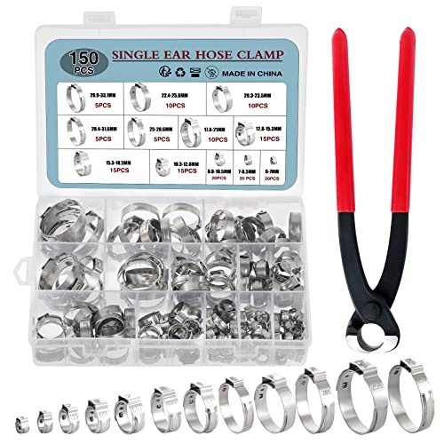 HSEAMALL 150PCS Edelstahl Einohr-Schlauchschellen mit Schlauchklemmzange, 12 Größen 6-33 mm Rohr-Schlauchschelle Kraftstoffleitung Clip HSEAMALL 150PCS Edelstahl Einohr-Schlauchschellen mit Schlauchklemmzange, 12 Größen 6-33 mm Rohr-Schlauchschelle Kraftstoffleitung Clip von HSEAMALL