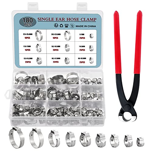 HSEAMALL 180PCS Edelstahl Einohr-Schlauchschellen mit Schlauchklemmzange, 9 Größen 6-25,6 mm Rohr-Schlauchschelle Kraftstoffleitung Clip HSEAMALL 180PCS Edelstahl Einohr-Schlauchschellen mit Schlauchklemmzange, 9 Größen 6-25,6 mm Rohr-Schlauchschelle Kraftstoffleitung Clip von HSEAMALL