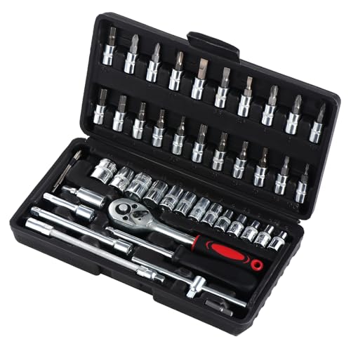 HSEAMALL 46PCS Socket Set,1/4" Drive Ratchet Socket Wrench Driver Bits Metric Set Flexible Extension Rods Screwdriver Bits for Car Bicycle Repair (46, Upgraded Design - Black) von HSEAMALL