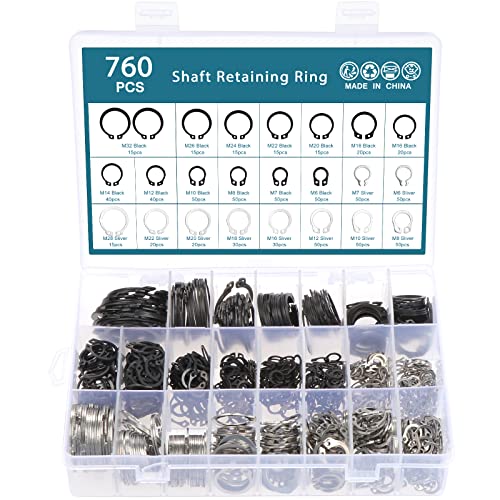 HSEAMALL 760 Stück externe Halteringe Sprengringe Sortiment Kit, E-Clips Sicherungsringe Set auf gerillten Schäften, Stiften, Nieten, Schwarz & Silber C-Clips) von HSEAMALL