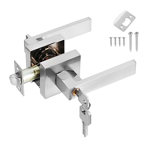 HSEAMALL Door Lever Handle Lock, Innentürgriff mit Schloss und Schlüssel Square Entry Türgriff für Schlafzimmer Büro Links-oder Rechtshänder (Silber) von HSEAMALL