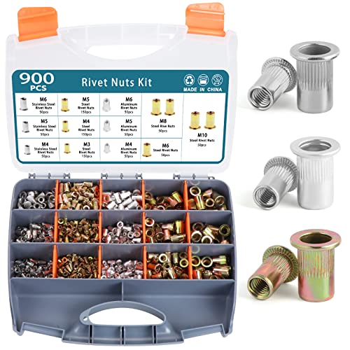 HSEAMALL165 STÜCKE Edelstahl Nietmutter Werkzeug Flachkopf Gewinde Rivet Nutsert Cap Sortiment kit M3 M4 M5 M6 M8 M10 Arten Muttern (900PCS SET) von HSEAMALL