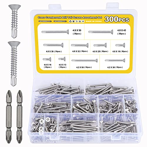 HSEMALL 300PCS Selbstschneidende Schrauben ，M4.2, M4.8 Phillips Senkkopf Selbstbohrende Schrauben,Edelstahl Selbstschneidende Blechschrauben,Mit zwei Cross Bits von HSEAMALL