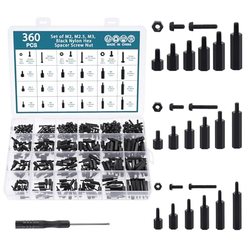 HSeaMall 360PCS M2 M2.5 M3 Nylon schwarz Hex Spacer Schraube Mutter Standoff Zubehör Sortiment Kit männlich zu weiblich von HSEAMALL