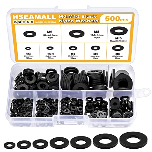 HSeaMall 500 STÜCKE Schwarz Nylon Isolierende Flache Scheibe Runde Distanzscheibe Washer Sortiment Kit für M2 M2.5 M3 M4 M5 M6 M8 M10 Schraube (500PCS Black Nylon Flat Washer) von HSEAMALL