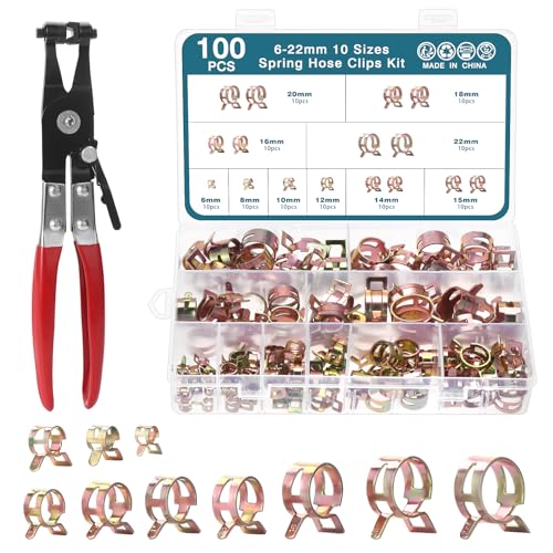 SEAMALL 100 PCS Schlauchschellen mit Schlauchklemmzange 10 Größe Benzinschlauch Schellen, Kraftstoffleitung Rohrschellen 6mm - 22mm Wasserleitung Luftschlauch Schlauchschelle Fastener von HSEAMALL