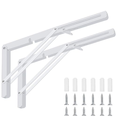 HSEANWWW 2 Stück klappbare Regalhalterung, 18 Zoll, robuste, weiße Edelstahl-Klapphalterung, tragend, 150 kg, wandmontiertes, schwebendes Tischstützscharnier, DIY-Dreieck (weiß, 450 mm） von HSEANWWW