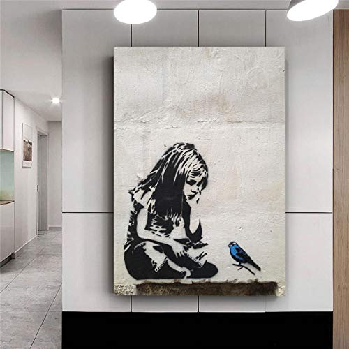 BANKSY Graffiti Street Art Leinwand Wandposter Raumdekor Wandkunst Bilder Poster Leinwand Gemälde Mädchen mit blauem Vogel 50x70cm(20x28inch) ungerahmt von HSFFBHFBH