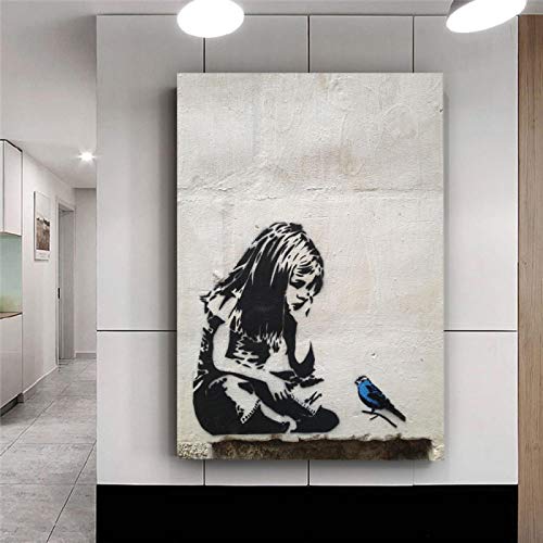 BANKSY Graffiti Street Art Leinwand Wandposter Raumdekoration Wandkunst Bilder Poster Leinwand Gemälde Mädchen mit blauem Vogel 70x90cm(28x35inch) ungerahmt von HSFFBHFBH