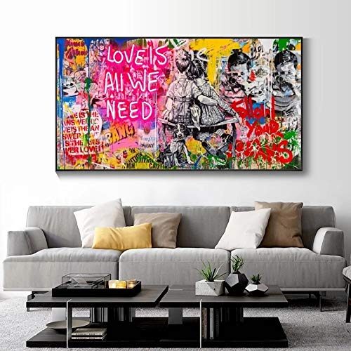 Banksy Art Love Is All We Need Gemälde auf Leinwand Graffiti Wall Street Art Poster und Drucke Bild Wohnkultur 50x100cm (20''x39'') Innenrahmen von HSFFBHFBH