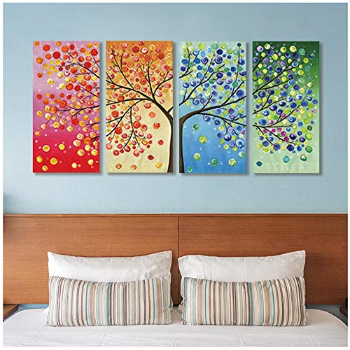 Bild auf Leinwand Bunter Glücksbaum Druck Vier Jahreszeiten Leben Baum Familie Poster Blatt Baum Home Decor Wandkunst Gemälde 40x80cm (16"x32") x4 Kein Rahmen von HSFFBHFBH