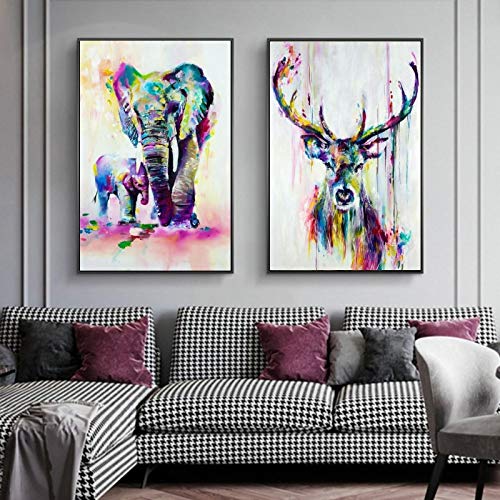 Bunte Hirsche und Elefanten Familie Leinwand Gemälde an der Wand Kunst Poster und Drucke Tiere Kunst Bilder für Wohnkultur 50x70cm (20x28in) x2pcs Ungerahmt von HSFFBHFBH