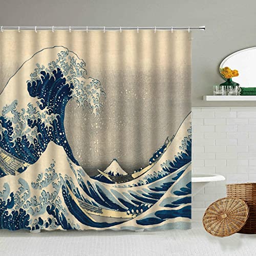 Duschvorhang mit Meereswellenmuster, Präfektur Kanagawa, Japan, Badezimmer, wasserdicht, Polyester, Heimdekoration mit Haken 200x200cm(WxH) von HSFFBHFBH