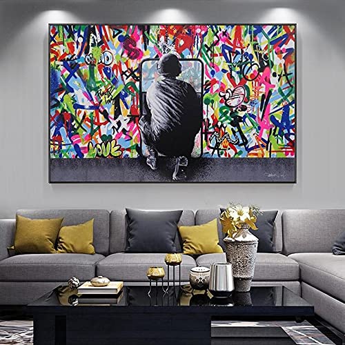 Graffiti-Kunst hinter dem Vorhang auf Leinwand Malerei Poster und Drucke Street Art Wandbild für Wohnzimmer Dekor 80x120cm (32x47in) Ungerahmt von HSFFBHFBH