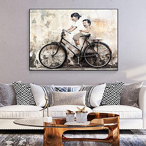 HSFFBHFBH Leinwanddruck Banksy Kids Push Bike Super Size Druckschablone Street Art Graffiti Urban Painting Wanddekoration 80 x 130 cm (32 x 51 Zoll) mit Rahmen von HSFFBHFBH
