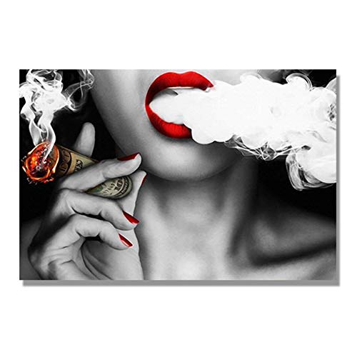 HSFFBHFBH Plakate und Drucke Rote Lippen Rauchen Geld Charaktere Frauen Malen auf Leinwand Wandkunst Bilder für Wohnzimmer 50x70cm (20"x28) Mit Rahmen von HSFFBHFBH
