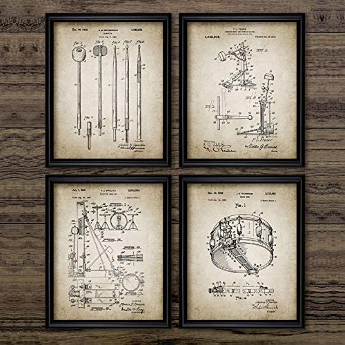 HSFFBHFBH Trommel Patent Vintage Poster Druck Drumstick Musik Becken Trommel Design Wandkunst Leinwand Malerei Bilder Schlagzeuger Geschenkidee 20x30cmx4pcs Ungerahmt von HSFFBHFBH