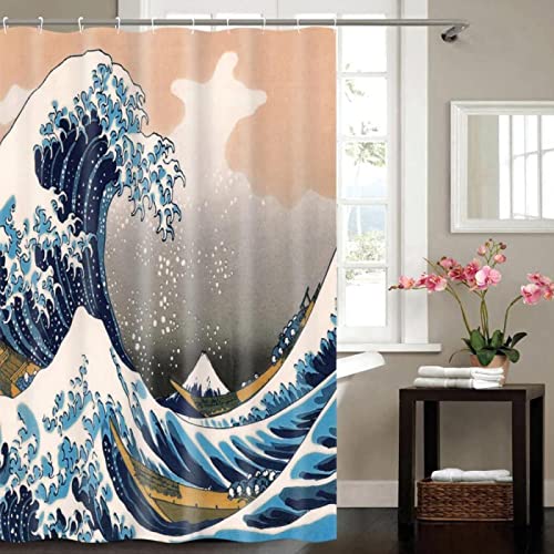 Kanagawa Great Wave Wasserdichter Duschvorhang, waschbarer Polyester-Wellenmuster-Badevorhang mit Haken, Badezimmer-Heimdekoration 150(W) x180(H) cm/59x71in von HSFFBHFBH