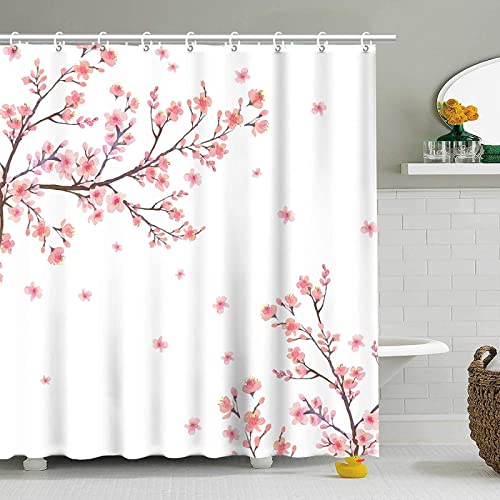 Kirschblüten-Duschvorhang Pink Floral Duschvorhänge für Badezimmer mit 12 Haken Badezimmerdekoration Pink und Weiß 90x200cm/35x79in(WxH) von HSFFBHFBH