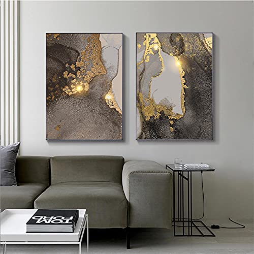 Leinwand Malerei Grau Gold Muster Abstrakte Poster Marmor Textur Wand Kunstdruck Fluid Art Mural Bild Wohnzimmer Dekor 60x80cm(24x31in)x2pcs) Ungerahmt von HSFFBHFBH
