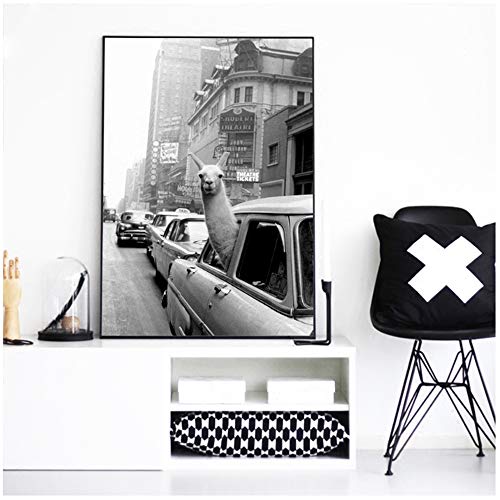 Lustige Alpaka Taxi Tier Leinwand Malerei Lama in einem New York City Poster und Drucke Wandkunst Bild für Wohnzimmer 50x75cm (19.7x29.5 Zoll) Kein Rahmen von HSFFBHFBH