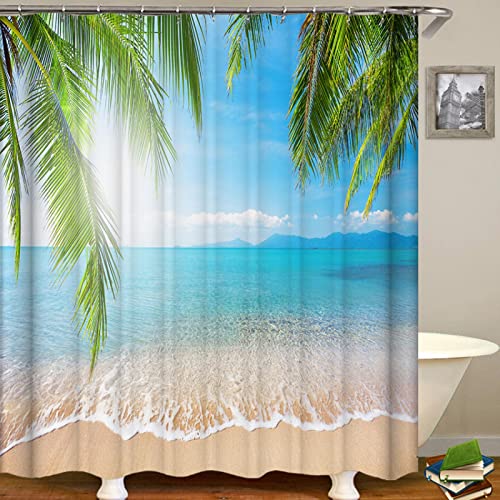 Ocean Beach Duschvorhang, wasserdicht, Badvorhang für Badezimmer, Badewanne, Badeabdeckung, große, breite Haken, moderner Stil 300x200cm/118x78in(WxH) von HSFFBHFBH