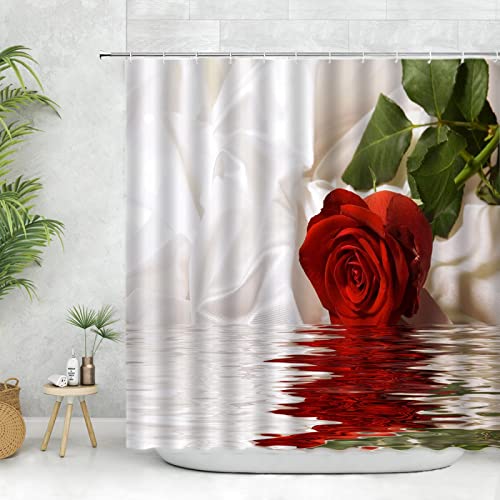 Rote Rose Duschvorhang mit Haken Romantische Blume Blumenblüte Reflexion auf Wasser Badvorhang Badezimmervorhang 120x213cm/47x84in(WxH) von HSFFBHFBH