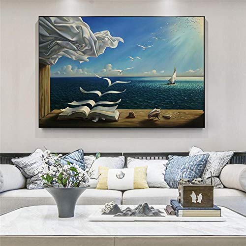 HSFFBHFBH Salvador Dali Painting The Waves Book Sailboat Wall Paintings Surrealism Art Posters Prints Wall Art Pictures 80x140cm(32x55in) With Frame von HSFFBHFBH