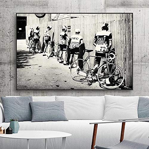 Schwarz-weiß Fahrrad Radfahrer Leinwand Malerei Fahrrad Vintage Drucke und Poster Wandkunst Bilder für Wohnzimmer Dekor 80x120cm (31 "x 47") Ungerahmt von HSFFBHFBH