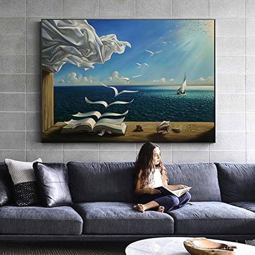 HSFFBHFBH The Waves Book Segelboot von Salvador Dali Leinwand Malerei Landschaft Poster Wandkunst für Wohnzimmer Wohnkultur 75x100cm (30x39in) Ungerahmt von HSFFBHFBH
