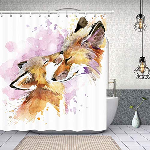 Tiere Dekor Aquarell Fuchs Mutter und Baby Fuchs Duschvorhang Polyester Stoff Catoon Fuchs Badezimmer Dekorationen 180x188cm/71x74in(WxH) von HSFFBHFBH