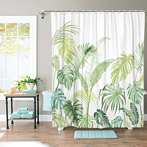 Tropischer Pflanzenlaub Duschvorhang Blätter Dschungel Monstera Blatt Duschvorhang Palme Badezimmervorhang mit Haken Grün Weiß 160x200cm/63x78in(WxH) von HSFFBHFBH