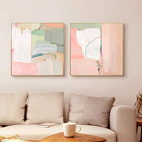 Wandkunstdruck Moderne Abstrakte Rosa Weiß Grün Poster Leinwand Malerei Quadratisches Bild Home Wohnzimmer Dekoration 50x50cm (20x20inch) x2 Ungerahmt von HSFFBHFBH