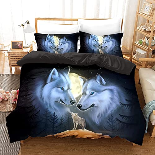 HSGLGNA Bettwäsche-Set mit Wolf-Motiv, Wolf-Mond, 3-teilig,3D Wolf Mikrofaser Bettwäsche-Sets 3teilig mit Reißverschluss,100% Baumwolle, mit Bettbezug und Kissenbezug (Wolf-2, 135 x 200 cm) von HSGLGNA