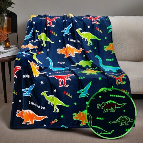 HSGLGNA Kuscheldecke Kinder Dinosaurier Decke Leuchtet im Dunkeln,Dinosaurier Muster Weiche Mikrofaser Flauschig Decke,Tolle Geschenke für Dino Liebhaber (Dinosaurier D, 130x150 cm) von HSGLGNA
