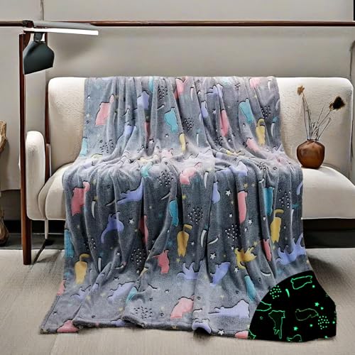 HSGLGNA Kuscheldecke Kinder Dinosaurier Decke Leuchtet im Dunkeln,Dinosaurier Muster Weiche Mikrofaser Flauschig Decke,Tolle Geschenke für Dino Liebhaber (Kätzchen-Grau, 150x200 cm) von HSGLGNA