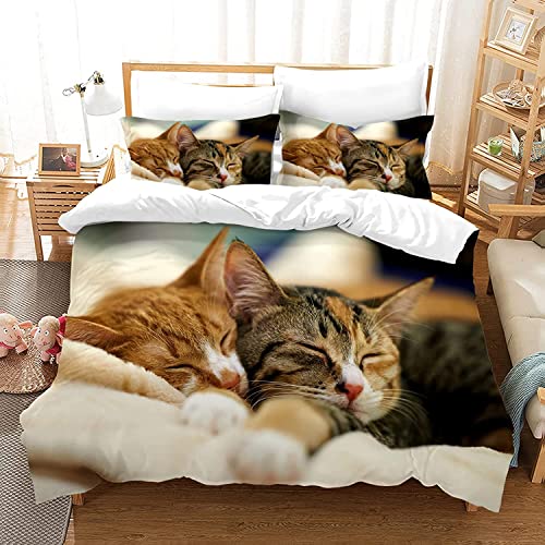 HSGLGNA Katze Bettwäsche Set 135 x 200 cm, 3D Katzenmotiv Mikrofaser Bettwäsche-Sets 3teilig mit Reißverschluss, 100% Baumwolle, mit Bettbezug und Kissenbezug (Katze-6, 200 x 200 cm) von HSGLGNA