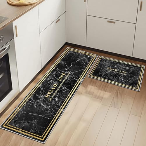 Küchenteppiche Rutschfestes Küchenmatten 2 Stück, Waschbar Küche Bodenmatte Küchenmatten Set Mit Schiebeaufkleber,Komfort Pflegeleicht Für Küche Staubdicht Fußmatte (43x75+43x150cm, Schwarz Marmor) Küchenteppiche Rutschfestes Küchenmatten 2 Stück, Waschbar Küche Bodenmatte Küchenmatten Set Mit Schiebeaufkleber,Komfort Pflegeleicht Für Küche Staubdicht Fußmatte (43x75+43x150cm, Schwarz Marmor) von HSGLGNA